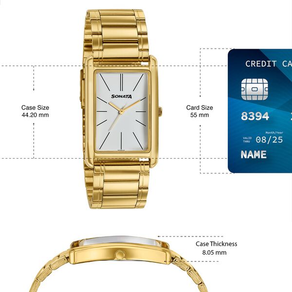 Sonata Ascent Gold Rectangular Watch with Metal Bracelet 77196ym01