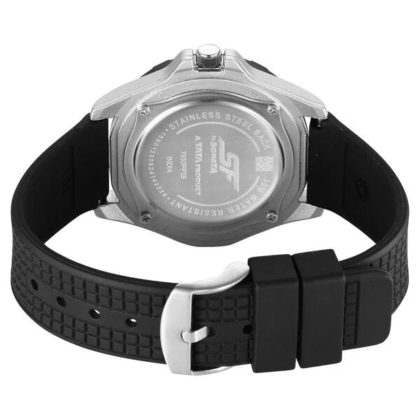 Sonata SF Sporty Analogs Quartz Analog Black Dial Black Plastic Strap Watch For Men -7930PP28W