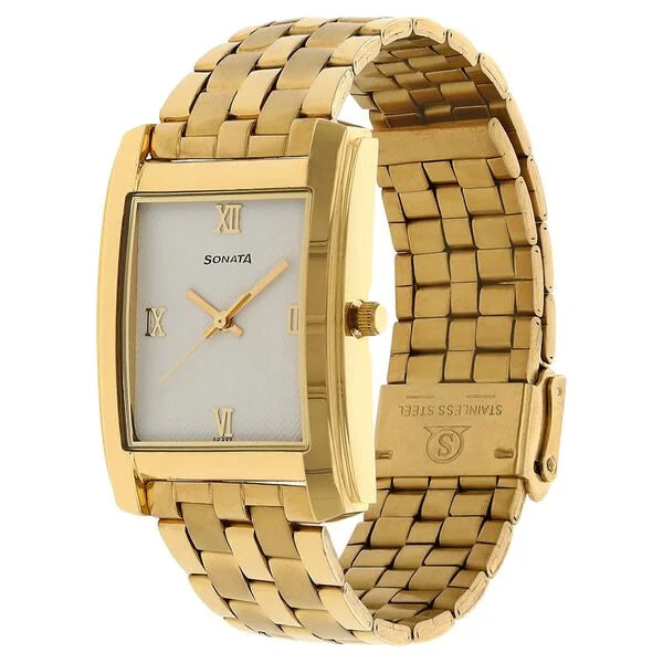 Sonata Quartz Analog with Day and Date Silver Dial Stainless Steel Strap Watch for Men NS7953YM03