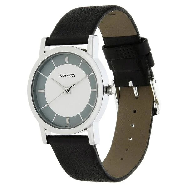 Sonata Quartz Analog White Dial Leather Strap Watch for Men - 7987SL01W