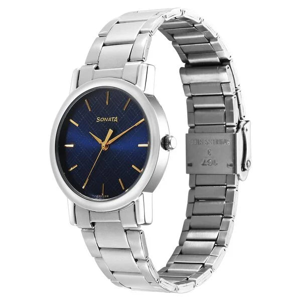 Sonata Classic Quartz Analog Blue Dial Silver Stainless Steel Strap Watch for Men - 7987SM06w