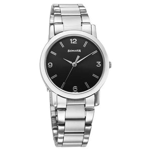 Sonata Classic Quartz Analog Black Dial Silver Stainless Steel Strap Watch for Men ns7987sm07w / 7987sm07w - KRISHNA WATCH COMPANY