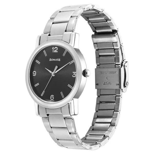 Sonata Classic Quartz Analog Black Dial Silver Stainless Steel Strap Watch for Men ns7987sm07w / 7987sm07w - KRISHNA WATCH COMPANY
