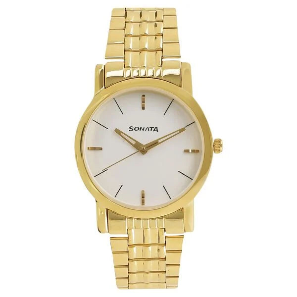 Sonata White Dial Golden Metal Strap Watch - 7987YM05W