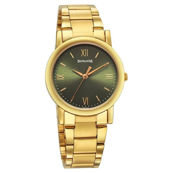 Sonata Classic Quartz Analog Green Dial Golden Stainless Steel Strap Watch for Men 7987ym15