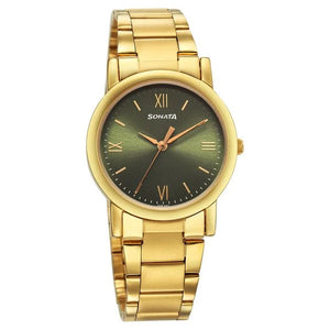 Sonata Classic Quartz Analog Green Dial Golden Stainless Steel Strap Watch for Men 7987ym15 - KRISHNA WATCH COMPANY