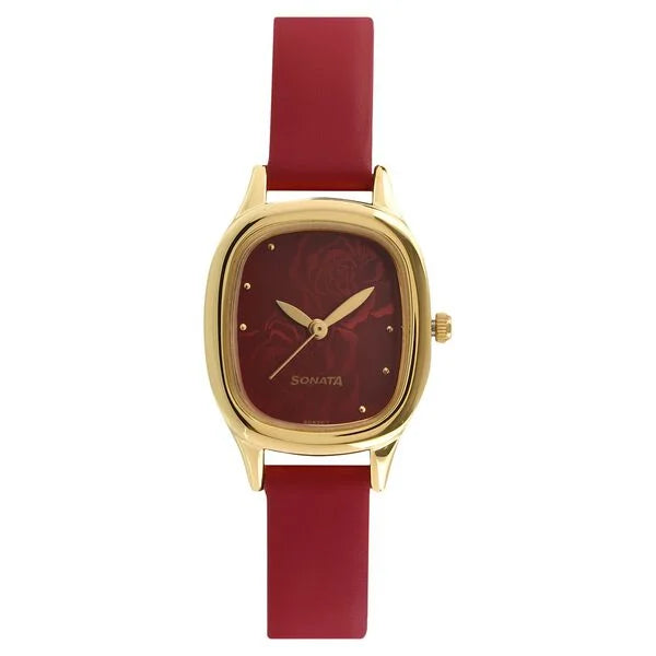Sonata Quartz Analog Red Dial Leather Strap Watch for Women - 8060YL03