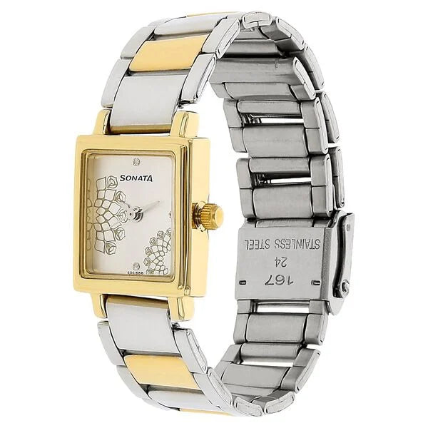 Sonata Quartz Analog Silver Dial Stainless Steel Strap Watch for Women 8080bm01