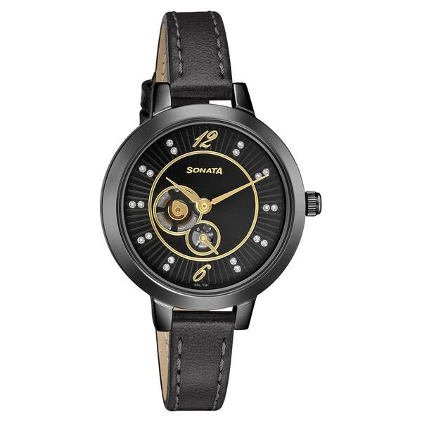 Sonata Unveil Black Dial Women Watch With Leather Strap 8141nl03 - KRISHNA WATCH COMPANY
