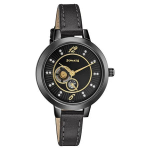 Sonata Unveil Black Dial Women Watch With Leather Strap 8141nl03 - KRISHNA WATCH COMPANY