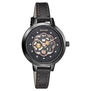 Sonata Unveil Black Dial Women Watch With Leather Strap - 8141NL04 - KRISHNA WATCH COMPANY