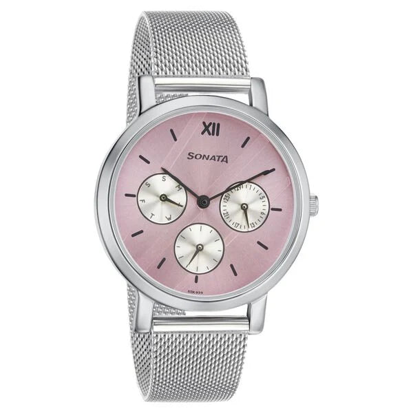 Sonata Multifunctions Pink Dial Women Watch With Metal Strap  8164sm03