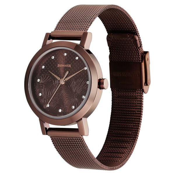 Sonata Quartz Analog Brown Stainless Steel Strap for Women 8174QM02 - KRISHNA WATCH COMPANY