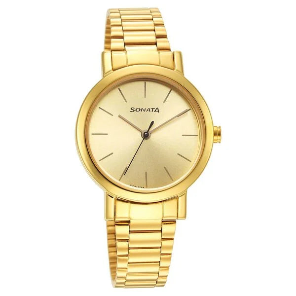 Sonata Essentials Champagne Dial Stainless Steel Strap Watch for Women 8174YM03 - KRISHNA WATCH COMPANY