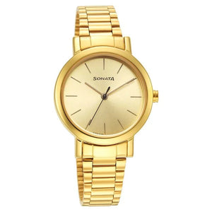 Sonata Essentials Champagne Dial Stainless Steel Strap Watch for Women 8174YM03 - KRISHNA WATCH COMPANY