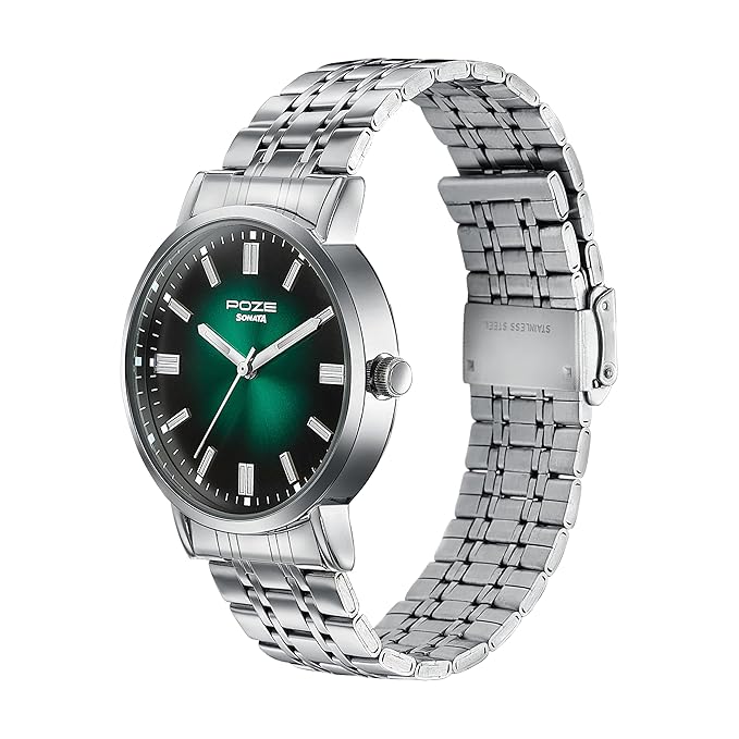 Sonata Poze 6 Chrome Calling Quartz Green Round Dial Men's Watch  SP70083SM01