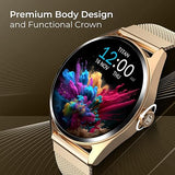 Titan Crest with 3.63 cm AMOLED Display and AOD, Functional Crown, BT Calling Smartwatch with Rose Gold Mesh Strap 90197am02