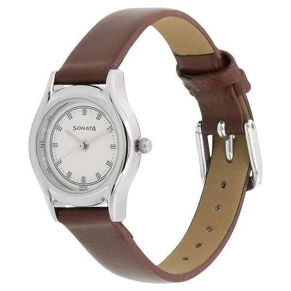 Sonata Essentials White Dial Women Watch With Leather Strap - 87020SL01W - KRISHNA WATCH COMPANY