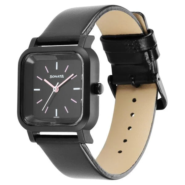 Sonata Pop Black Dial Women Watch With Leather Strap 87037pl05w