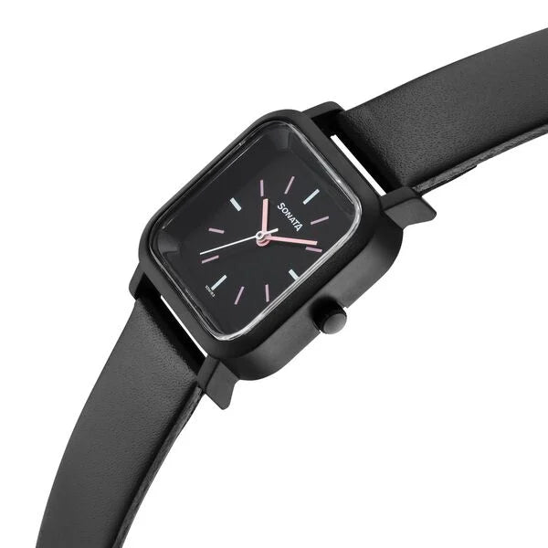 Sonata Pop Black Dial Women Watch With Leather Strap 87037pl05w