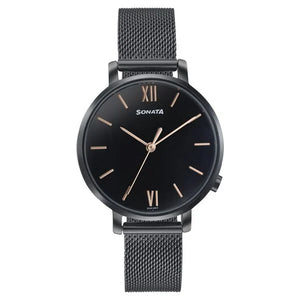 Sonata Elegent Essentials Quartz Analog Black Dial Stainless Steel Strap Watch For Women 87045nm01w - KRISHNA WATCH COMPANY