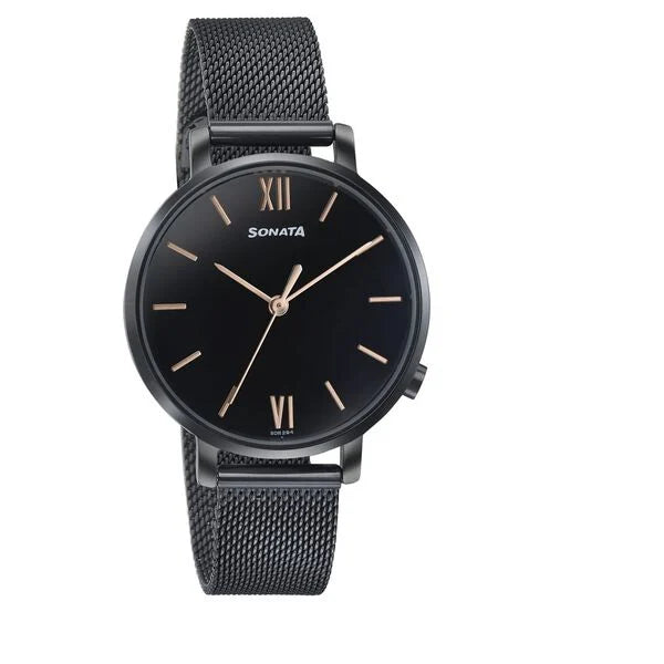 Sonata Elegent Essentials Quartz Analog Black Dial Stainless Steel Strap Watch For Women 87045nm01w - KRISHNA WATCH COMPANY
