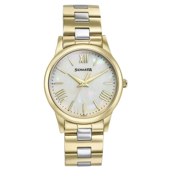 Sonata Glam Gold Quartz Analog Off White Dial Stainless Steel Strap Watch For Women 87061bm01w - KRISHNA WATCH COMPANY