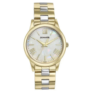 Sonata Glam Gold Quartz Analog Off White Dial Stainless Steel Strap Watch For Women 87061bm01w - KRISHNA WATCH COMPANY