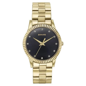 Sonata Glam Gold Quartz Analog Black Dial Stainless Steel Strap Watch For Women 87062ym01w - KRISHNA WATCH COMPANY