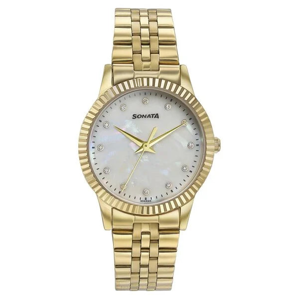 Sonata Glam Gold Quartz Analog Off White Dial Stainless Steel Strap Watch For Women 87062ym02w - KRISHNA WATCH COMPANY