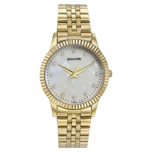 Sonata Glam Gold Quartz Analog Off White Dial Stainless Steel Strap Watch For Women 87062ym02w - KRISHNA WATCH COMPANY