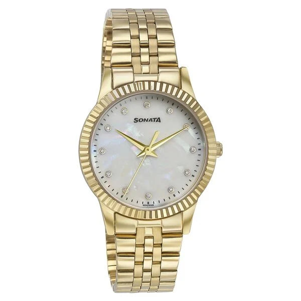 Sonata Glam Gold Quartz Analog Off White Dial Stainless Steel Strap Watch For Women 87062ym02w - KRISHNA WATCH COMPANY
