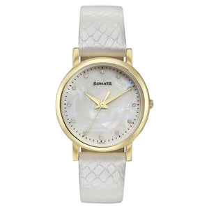 Sonata Glam Gold Quartz Analog Off White Dial Leather Strap Watch For Women 87063yl02w - KRISHNA WATCH COMPANY