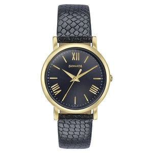 Sonata Glam Gold Quartz Analog Black Dial Leather Strap Watch For Women - 87063YL04W - KRISHNA WATCH COMPANY