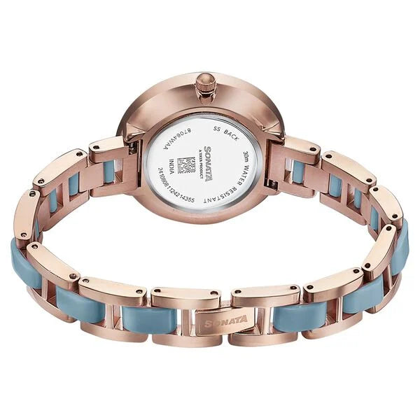 Sonata Wedding Edit Quartz Analog Blue Dial Stainless Steel With Acetate Strap Watch For Women 87064kd04