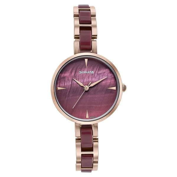 Sonata Wedding Edit Quartz Analog Maroon Dial Stainless Steel With Acetate Strap Watch For Women 87064kd05 - KRISHNA WATCH COMPANY