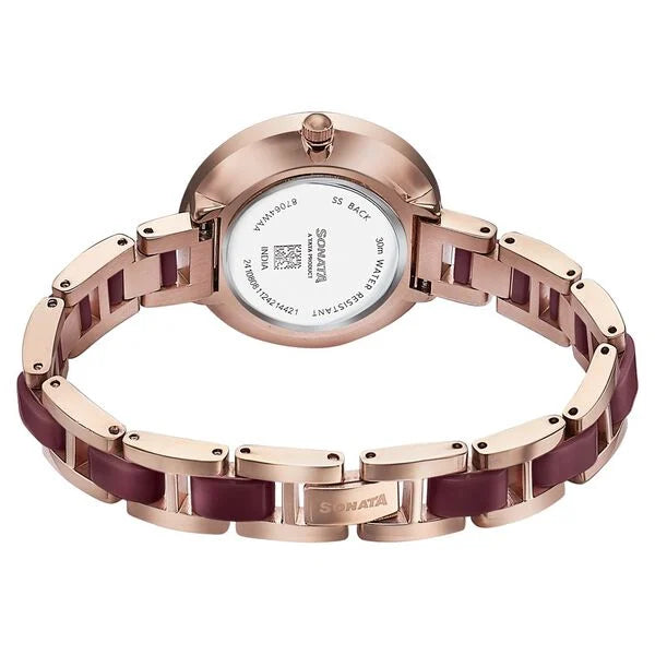 Sonata Wedding Edit Quartz Analog Maroon Dial Stainless Steel With Acetate Strap Watch For Women 87064kd05