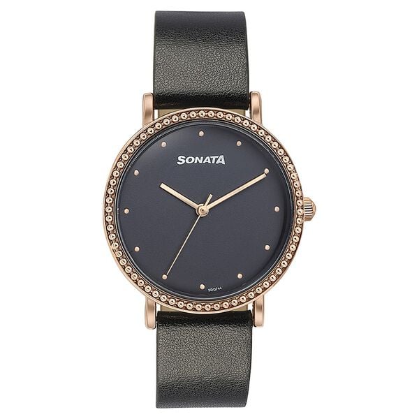 Sonata Quartz Analog Black Dial Black Leather Strap Watch For Women NT87066wl01