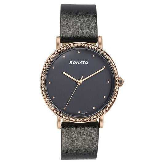 Sonata Quartz Analog Black Dial Black Leather Strap Watch For Women NT87066wl01