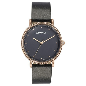 Sonata Quartz Analog Black Dial Black Leather Strap Watch For Women 87066wl01 - KRISHNA WATCH COMPANY