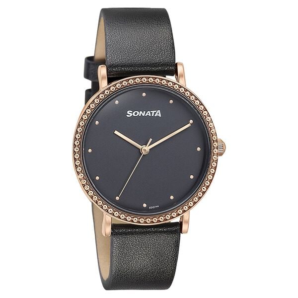 Sonata Quartz Analog Black Dial Black Leather Strap Watch For Women NT87066wl01