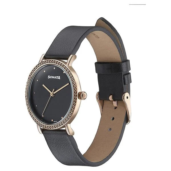 Sonata Quartz Analog Black Dial Black Leather Strap Watch For Women NT87066wl01
