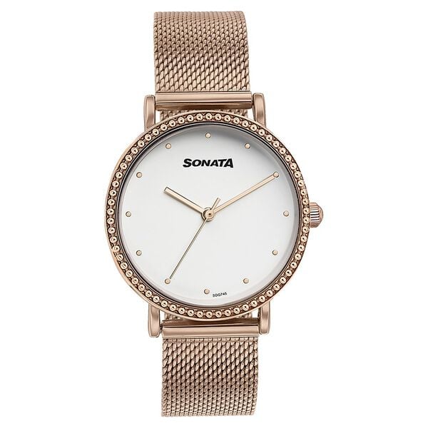 Sonata Quartz Analog White Dial Rose Gold Stainless Steel Strap Watch For Women 87066wm01 - KRISHNA WATCH COMPANY