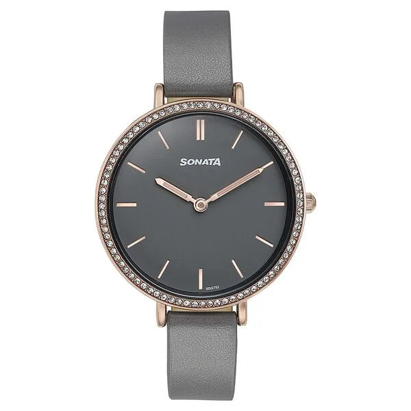 Sonata Quartz Analog Grey Dial Grey Leather Strap Watch For Women 87070wl01 - KRISHNA WATCH COMPANY