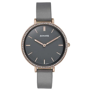 Sonata Quartz Analog Grey Dial Grey Leather Strap Watch For Women 87070wl01 - KRISHNA WATCH COMPANY
