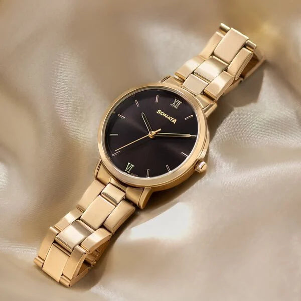 Sonata Quartz Analog Black Dial Golden Stainless Steel Strap Watch For Women 87071ym01 - KRISHNA WATCH COMPANY