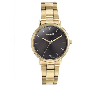 Sonata Quartz Analog Black Dial Golden Stainless Steel Strap Watch For Women 87071ym01 - KRISHNA WATCH COMPANY