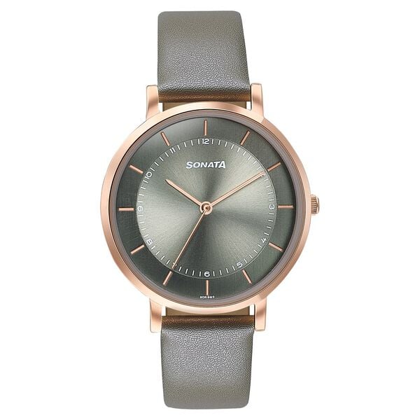 Sonata Modern Edit Quartz Analog Green Dial Leather Strap Watch For Women 87073wl03