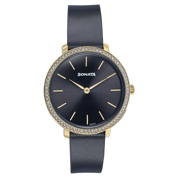 Sonata Wedding Edit Quartz Analog Black Dial Leather Strap Watch For Women 87080yl02 - KRISHNA WATCH COMPANY
