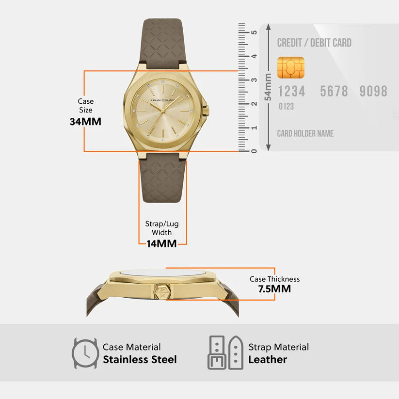 Armani Exchange Women Quartz Gold Dial Analog Leather Watch AX4617